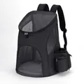 Vue latérale d'un sac à dos de transport noir respirant pour animaux avec filet et poche - Noir