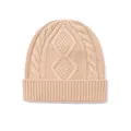 Berretto in lana beige con motivo a trecce e rombi e risvolto a coste per l'inverno - Taglia unica / Cammello