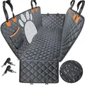 Waterproof quilted dog car seat cover for back seat with mesh window and straps - Black Edge (Paw Print Mesh) / Gray
