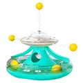 Turquoise UFO-shaped cat tumbler track toy with yellow teaser balls for active play - Lake Blue