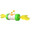 Interactive tumbler cat toy with yellow feathers and antenna balls on green rollers. - Green