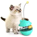 Mint green cat tumbler toy featuring food dispenser ball and wire teaser stick - Blue