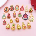 Close-up of matte gold gourd pendants with colorful enamel lotus and fortune designs - 20 Piece Gourd Set (SN1816) / 20 Pieces Set