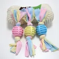 Durable set of 3 colorful TPR dog chew toys featuring soft pastel cotton rope strips - Textured Ball Fabric Strip