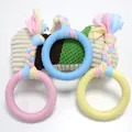 Set of three colorful TPR dog teething rings with braided cotton rope strips for pets. - Large Ring Cloth Strip