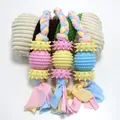 Handmade pastel braided cotton rope dog chew toy with spiked TPR balls for dental care - Lantern Cloth Strip