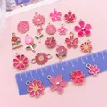 Rose pink floral enamel pendants for DIY jewelry making shown with ruler for scale - Mixed Floral Collection (SN1733) / 20 Pieces Set / Rose Red