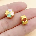 Colorful heart-shaped four-leaf clover charm bead in gold alloy for DIY jewelry crafting - Colorful Matte Gold Four Color Heart Bead (28536) / 1 Piece (10x10x6mm) / Multi-color Matte Gold