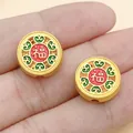 Chinesische goldfarbene Legierungs-Abstandshalter mit rotem Fu-Zeichen und Emaille - Rote Mattgold Doppelseitig Fu Zeichen Runde Perle (28523)