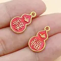 Chinese style gourd charms with Fu and Lu characters in red enamel and gold finish - Red Fu Lu Small Tag (22802)