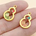 Pair of gold-plated Chinese hulu gourd charms with vibrant enamel wave design details - Sea Wave Pattern Gourd (28495)