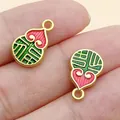 Traditional Chinese style gold-tone gourd charm with red and green enamel details - Green Double Sided Fu Gourd (28497)