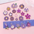 Collection of purple enamel flower charms for DIY jewelry, with a scale ruler shown - Purple Flower Set (SN1728) / 20 Pieces Set / Purple