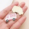 Pink medical ambulance enamel pendant charm for DIY jewelry making and earrings - Pink Drip Oil Ambulance (27895)