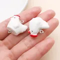 Macro view of two white chicken charms with red combs and silver loops - White Resin Double-Hanging Rooster (27566) / 1 Piece (23x13x23mm) / White