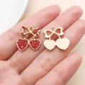 Cute double cherry jewelry charms featuring red heart rhinestones and golden bow accent - KC Gold Red Bow Rhinestone Cherry (Style 2)