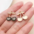 Pair of cherry charms in gold finish and rhinestone detailing for DIY jewelry - KC Gold Black Rhinestone Cherry