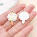Detail view showing front and back of colorful swirl resin lollipop charms. - Lollipop (24574) / 1 Piece (26x17x5mm)