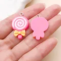 Amuletos de piruleta rosa en resina para creación de joyas DIY y accesorios de llavero - Paleta con Lazo (24472)