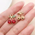 Golden cherry charms with vibrant red rhinestones for DIY jewelry making crafts - KC Gold Red Rhinestone Cherry