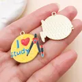Detailed close-up of 'I Love Study' enamel alloy charm pendant for DIY jewelry - Yellow Round I study (27452)