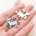 Two colorful enamel cat pendants with floral patterns for DIY handmade jewelry making - Zinc Alloy Branch Cat (24922)