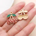 Red rhinestone cherry pendant with gold base and green enamel leaves for DIY jewelry - KC Gold Red Enamel Rhinestone Cherry (Style 2)
