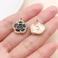 Elegant black enamel flower pendant with rose gold plating and crystal accents - Rhinestone Flower (16543)