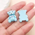 Cute light blue resin bear charms with pink bow detail for DIY jewelry making accessories - Bowtie Bear (24539)