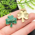 Vibrant green enamel shamrock pendant charm featuring IRISH text engraving on a hand - Enamel Shamrock IRISH (18450) / 1 Piece (19x24mm)