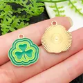 Green enamel shamrock charms with gold sunburst back for St Patrick's DIY jewelry - Ripple Clover (18564) / 1 Piece (20x22mm)
