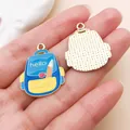 Handmade backpack shaped enamel charm in blue and yellow with hello school text detail - Blue Book/Bag (27464)