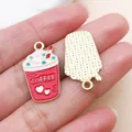 Close-up of pink enamel coffee cup charm and gold textured back for DIY jewelry making - Heart Cream Coffee (27168) / 1 Piece (24x14mm) / Red