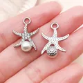 Silver-finished starfish charm pendant with rhinestones and white pearl for DIY necklace - Rhinestone Starfish with Artificial Pearl Style (27108) / 1 Piece/Pack (21x16mm) / Silver