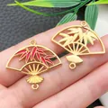 Detailed view of traditional Chinese style bamboo leaf fan charms with red enamel finish - Bamboo Leaf Fan (22457) / 1 Piece/Pack (30x27mm) / Red