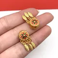 Gold sand enamel flower charm with feather dangles for DIY jewelry making - 1 Piece (23x11mm)