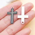Silver alloy cross pendant with sparkling rhinestones for DIY jewelry necklace making - White K Black Enamel Rhinestone Cross (27038) / 26x15mm
