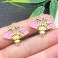 Chinese style pink enamel bamboo fan charm pendant for DIY jewelry making and earrings - Bamboo Leaf Double-Sided Fan (22447) / 1 Piece (24x21mm) / Rose Pink