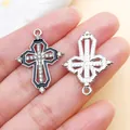 Detailed silver and black enamel cross pendants with pavé crystals for DIY jewelry making - White K Black Enamel Hollow Rhinestone Cross (27040) / 28x20mm