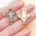 Elegant gold-plated rhinestone alloy cross pendant charm for DIY jewelry making - KC Gold Black Enamel Hollow Rhinestone Cross (27041) / 28x20mm