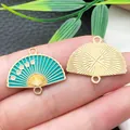 Teal enamel fan charm with plum blossom and gold-tone finish for DIY jewelry making - Plum Blossom Fan (22450) / 1 Piece/Pack (24x19mm) / Blue