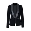 Front detail of a luxury women's black velvet blazer featuring a satin shawl collar - S / Tops / Black