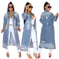 Detailed front, side and back views of women's long distressed denim trench coat jacket - S / Tops / Light Blue