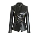 Chaqueta blazer de piel sintética negra con botones dorados de cabeza de león. - Negro