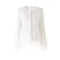 Macro view showcasing the textured white tweed fabric and elegant feather trim detail - S / Tops / White
