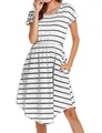 Close-up detail of the black and white horizontal striped nursing dress with pockets - S / White Striped