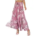 Close-up view of elegant floral print high-waist wide-leg pants with stylish side slit design - S / Bottoms / Pink