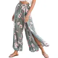 High-waist floral print wide-leg pants with elegant side slit and comfortable loose fit - S / Bottoms / Green