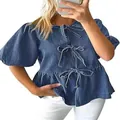 Dettaglio di camicia in denim con maniche a sbuffo, fiocchi frontali e fondo a peplo - 3XL / Top / Blu
