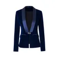 Detailed front view of an elegant navy blue velvet blazer with a satin shawl collar - S / Tops / Sapphire Blue